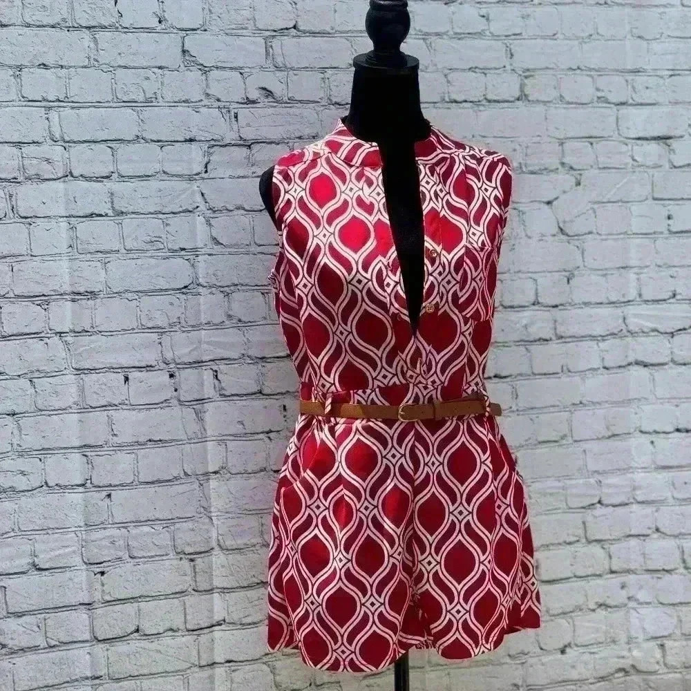 Red and White Love University Colorblock Shorts Jumpsuit With Belt